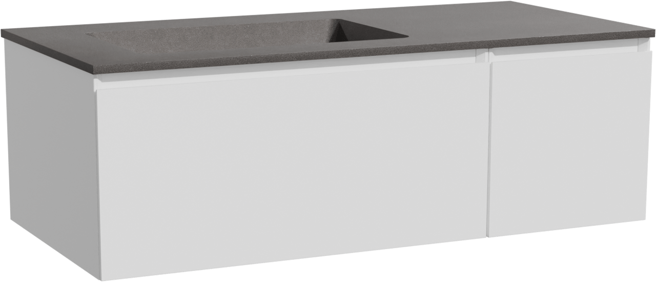 Storke Edge meuble salle de bains suspendu 110 x 52 cm blanc mat avec Scuro plan vasque asymétrique à gauche en quartz noir mat