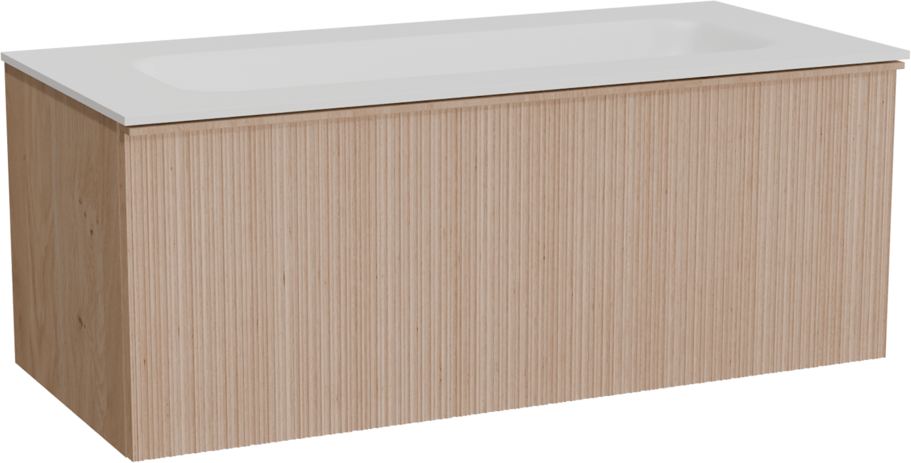 Balmani Forma zwevend badmeubel 120 x 55 cm naturel eiken met Tablo Arcato enkele wastafel voor 2 kraangaten in solid surface mat wit, Verticale asymmetrische ronde ribbel
