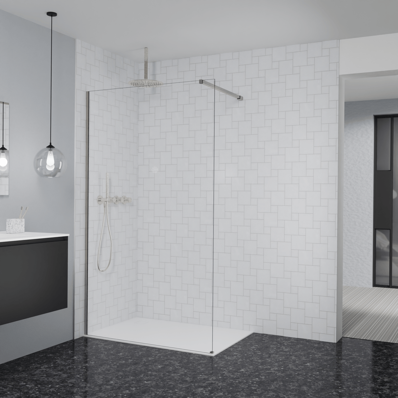 Balmani Modular douche à l'italienne: 120 x 200 cm, Verre extra transparent, avec coating, Profil Brushed CoolMetal