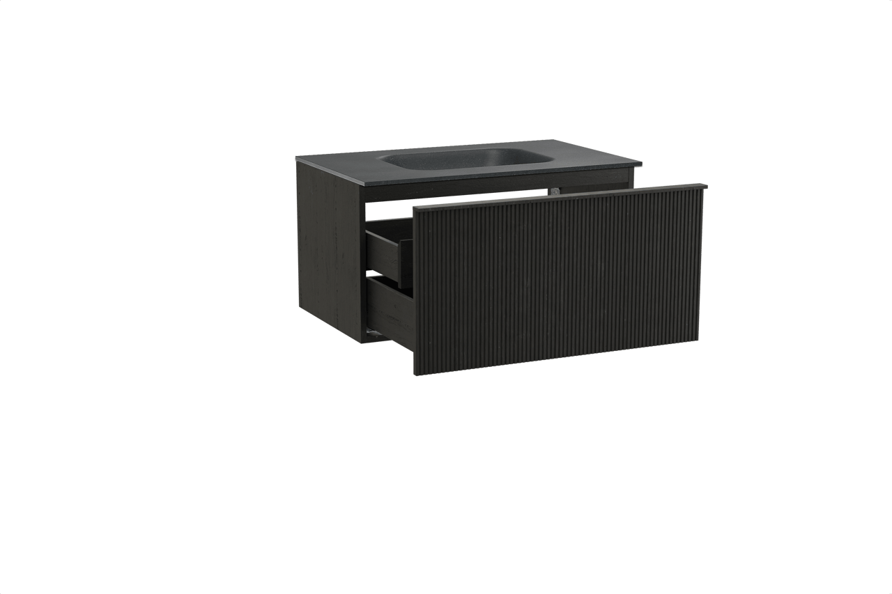 Balmani Forma meuble salle de bains suspendu 90 x 55 cm chêne noir avec Tablo Arcato plan simple en granit noir, Nervure droite symétrique verticale