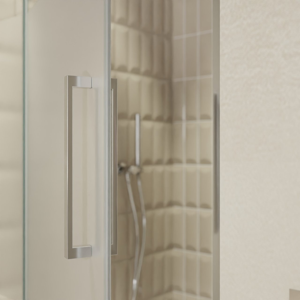 Balmani Senses Design Dusche Drehtür, Links, 100 cm x 210 cm, Klarglas mit mattiertem Streifen, Profil Chrom