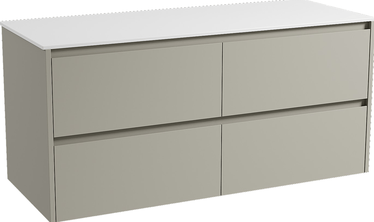 Storke Seda zwevend badmeubel 130 x 52 cm zijdegrijs met Tavola enkel of dubbel wastafelblad in solid surface mat wit