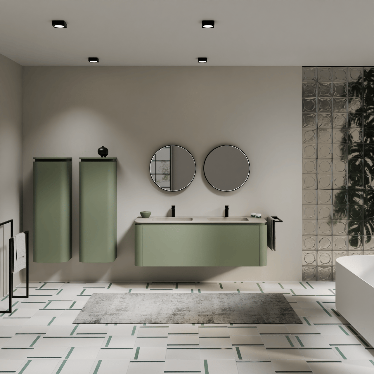 Balmani Moon meuble salle de bains suspendu 160 x 55 cm vert sauge avec Moon double vasque en top solid soie grise