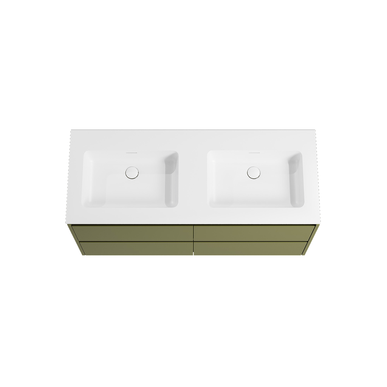 Storke Seda zwevend badkamermeubel 130 x 52 cm olijfgroen met Mata dubbele wastafel in solid surface mat wit