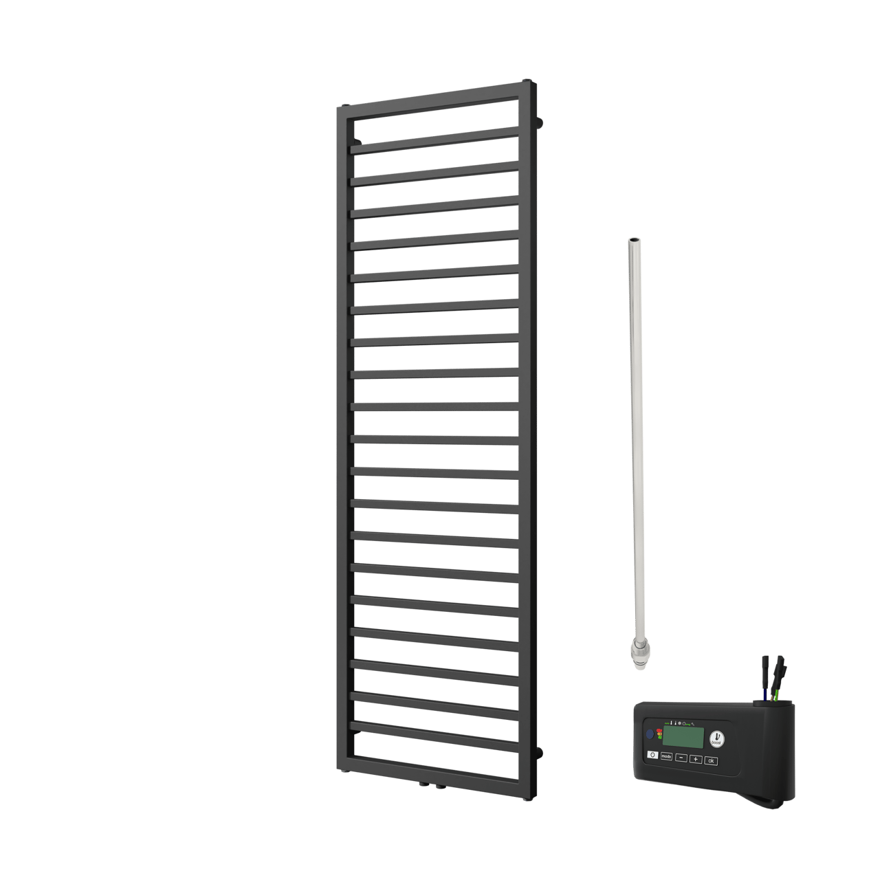 Vipera Listona Einzel Handtuchheizkörper 180 x 50 cm Elektrische Heizung schwarz matt Seiten- und Mittelanschluss 750W, inkl. Widerstand