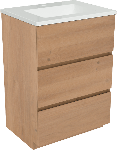 Storke Edge freistehendes Möbelstück Set: 60 x 46 cm, Rohe Eiche, mit Diva Einzelwaschtisch, Marmorkomposit Weiß glänzend