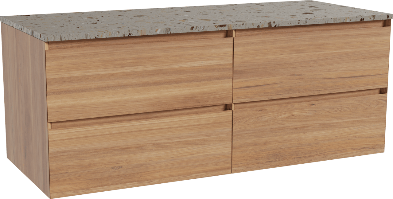 Balmani Mitra zwevend badmeubel 135 x 55 cm teakhout met Stretto enkel of dubbel wastafelblad in terrazzo greige terrazzo