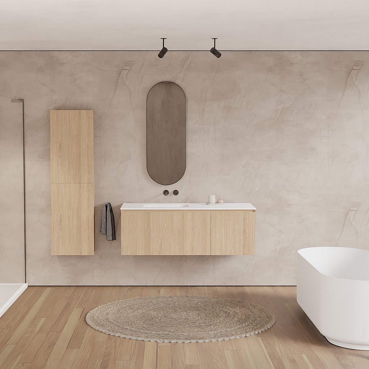 Balmani Fila hängendes Möbelstück Set: 135 x 55 cm, Naturbelassene Eiche, mit Tablo Arcato Waschtisch links, Solid Surface, Weiß matt, Vertikale symmetrische gerade Rippe