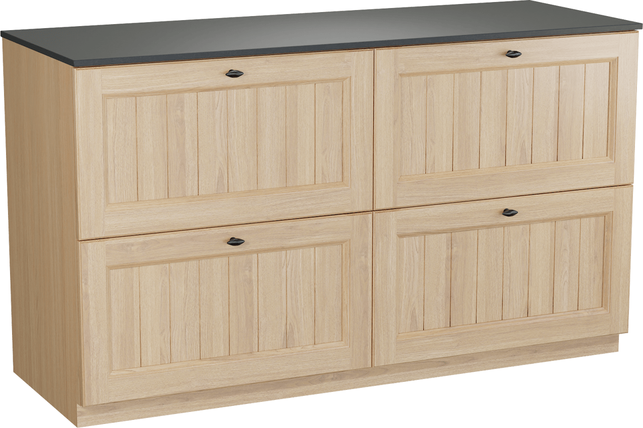 Balmani Lemon freistehendes Möbelstück Set: 150 x 55 cm, Naturbelassene Eiche Furnier, mit Stretto Einzel- oder Doppel Waschtischplatte, Schwarzes Granit