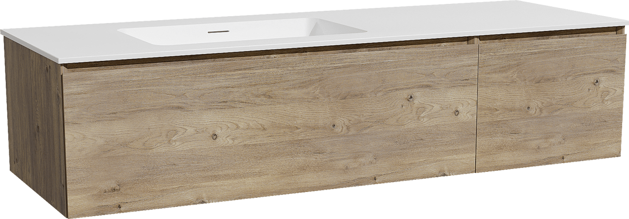 Storke Edge hängendes Möbelstück Set: 150 x 52 cm, Rohe Eiche, mit Mata Waschtisch links, Solid Surface Weiß matt