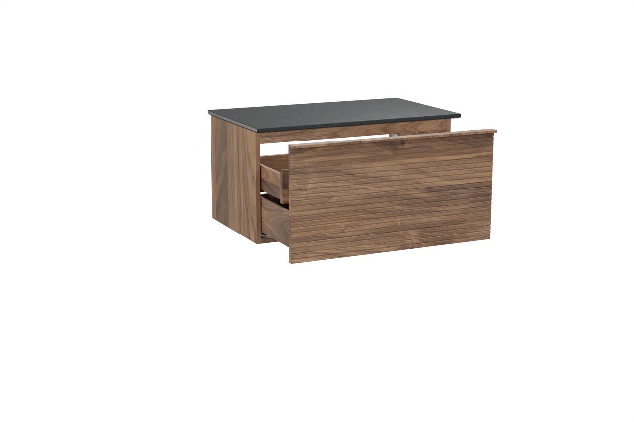Balmani Forma zwevend badkamermeubel 90 x 55 cm amerikaanse notelaar met Stretto enkel tablet in graniet zwart, Horizontale symmetrische rechte ribbel