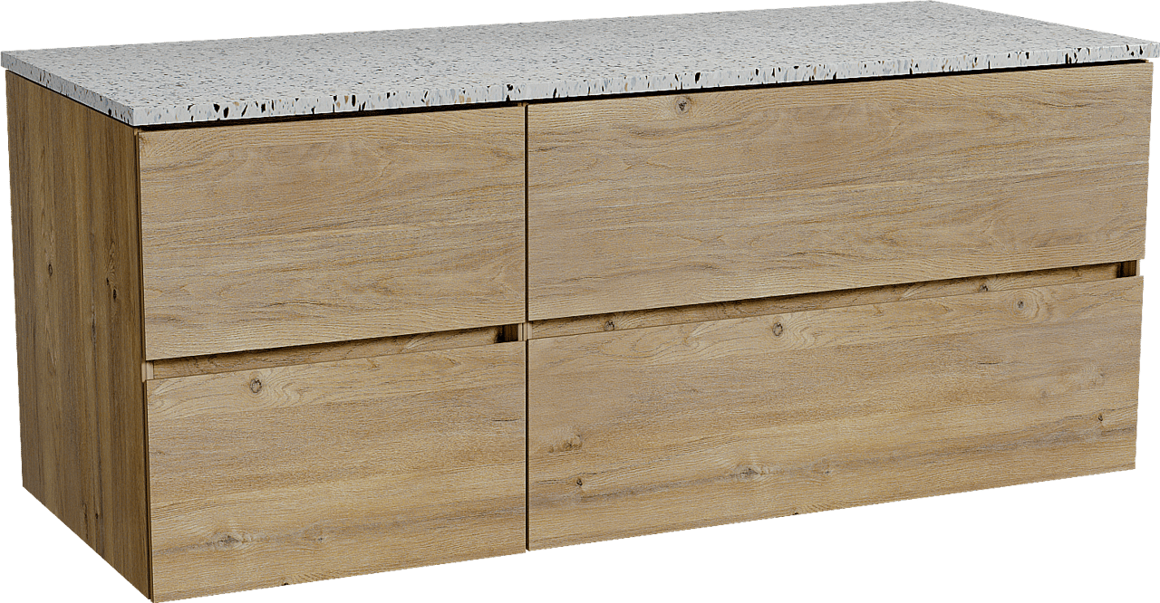 Storke Edge hängendes Möbelstück Set: 130 x 52 cm, Rohe Eiche, mit Tavola Einzel- oder Doppel Waschtischplatte, Terrazzo in Weiß/Schwarz matt