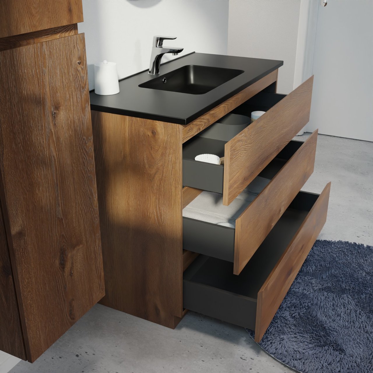 Linie Lado staand badkamermeubel 100 x 46 cm bruine eik met Vano enkele wastafel in composietmarmer mat zwart