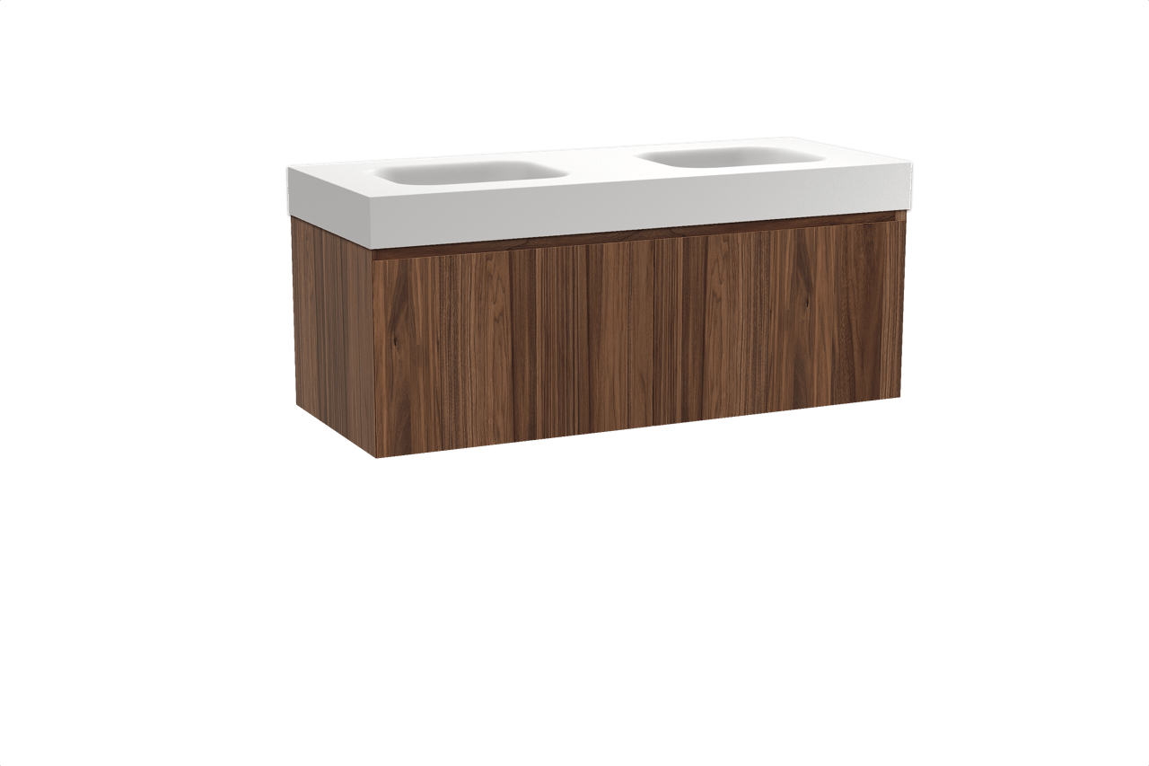 Balmani Idra hängendes Möbelstück Set: 135 x 55 cm, Nussbaum, mit Arcato Doppelwaschtisch, Solid Surface Weiß matt