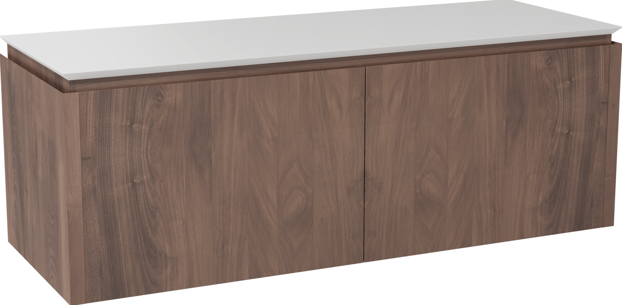 Balmani Eclips hängendes Möbelstück Set: 150 x 55 cm, Amerikanischer Nussbaum, mit Eclips Einzel- oder Doppel Waschtischplatte Solid Surface Weiβ matt