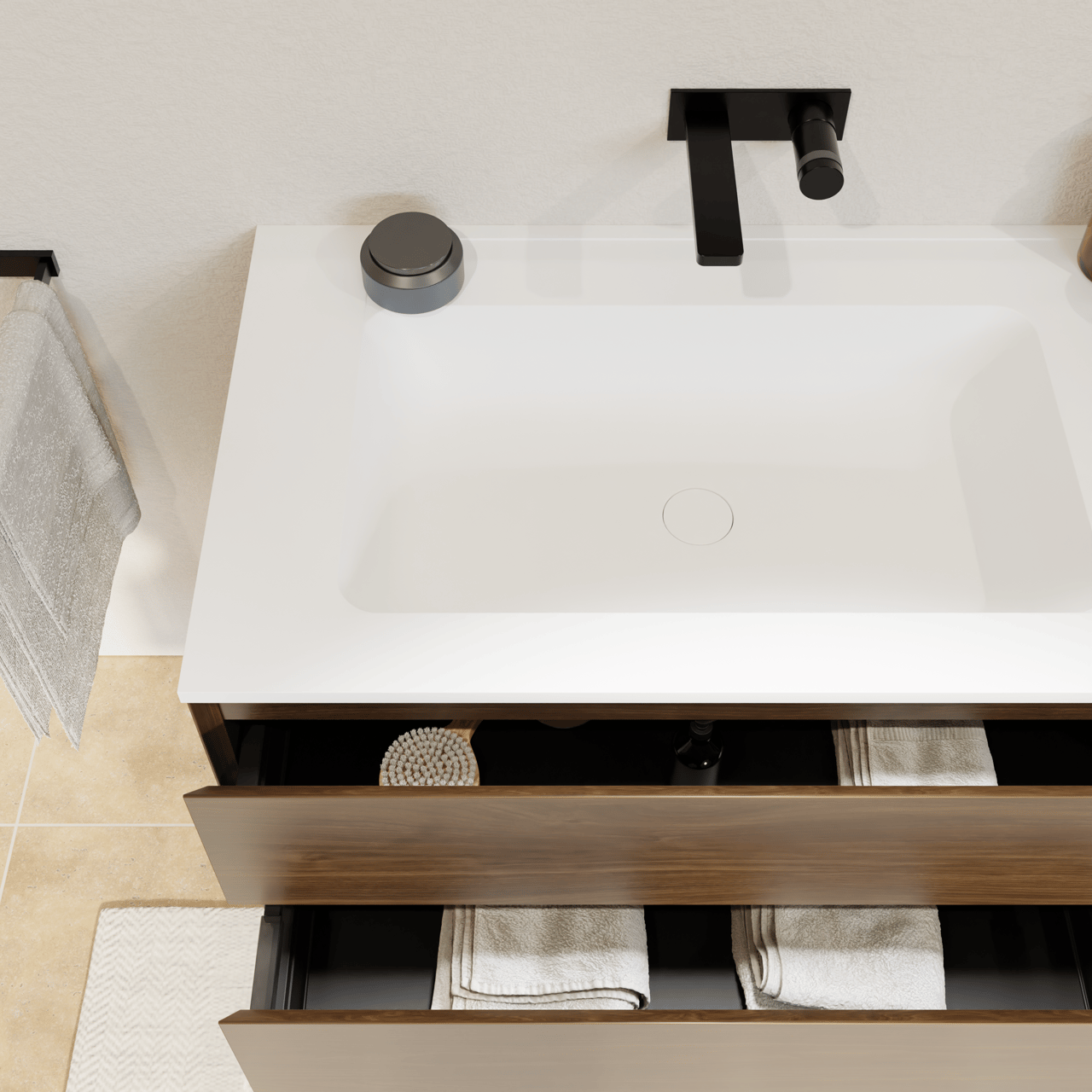 Balmani Mitra meuble salle de bains suspendu 135 x 55 cm noyer américain avec Tablo Strada double vasque en marbre composite blanc mat