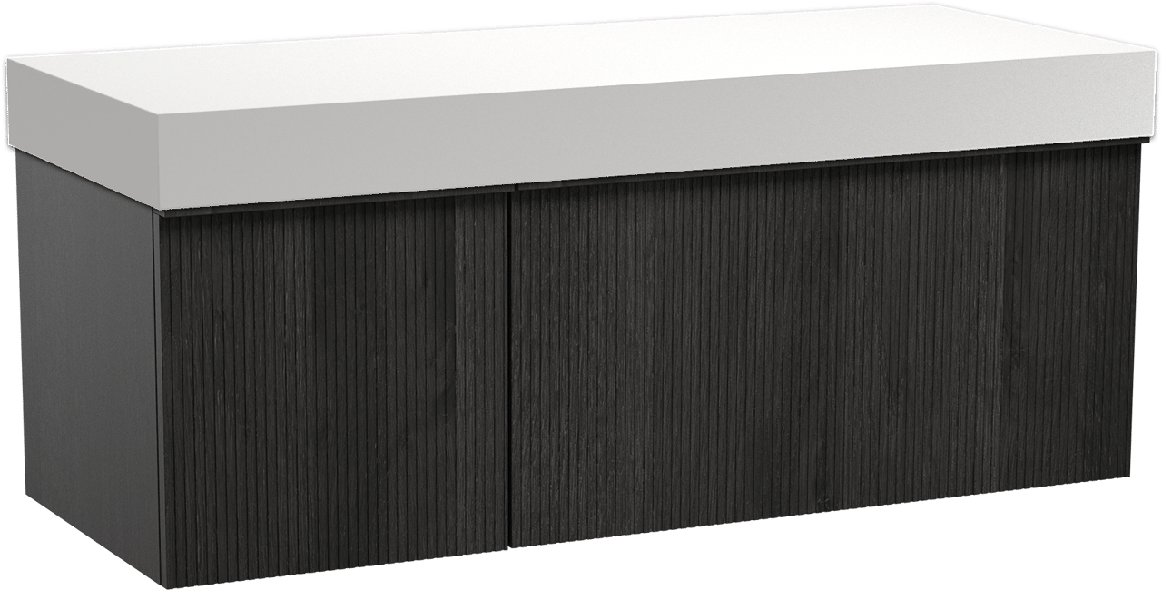 Balmani Forma hängendes Möbelstück Set: 135 x 55 cm, Schwarze Eiche, mit Dominus Einzel- oder Doppel Waschtischplatte, Solid Surface, Weiß matt, Vertikale symmetrische gerade Rippe