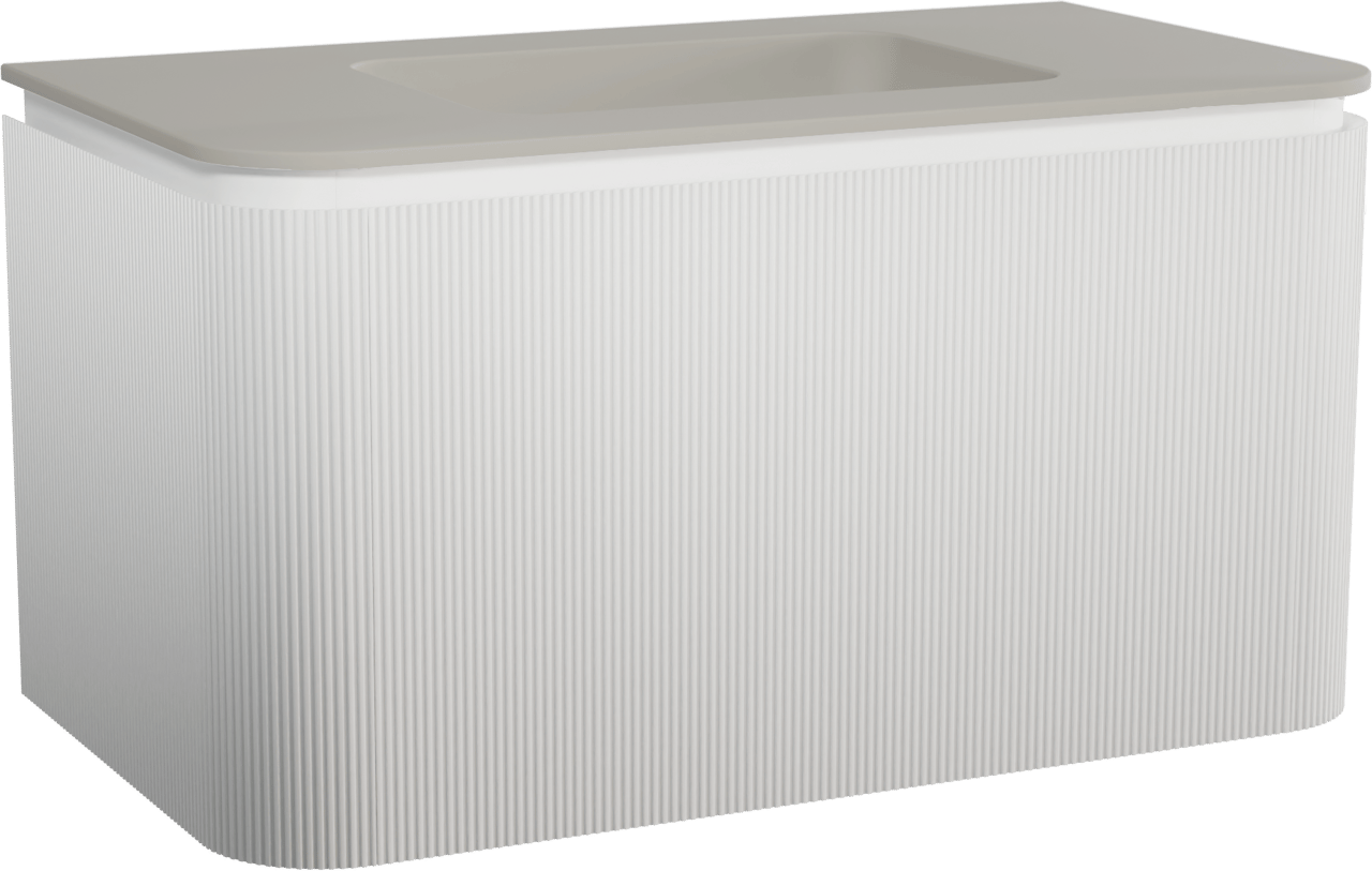 Balmani Moon zwevend badkamermeubel 100 x 55 cm mat wit met Moon enkele wastafel in top solid zijdegrijs, Verticale symmetrische rechte ribbel