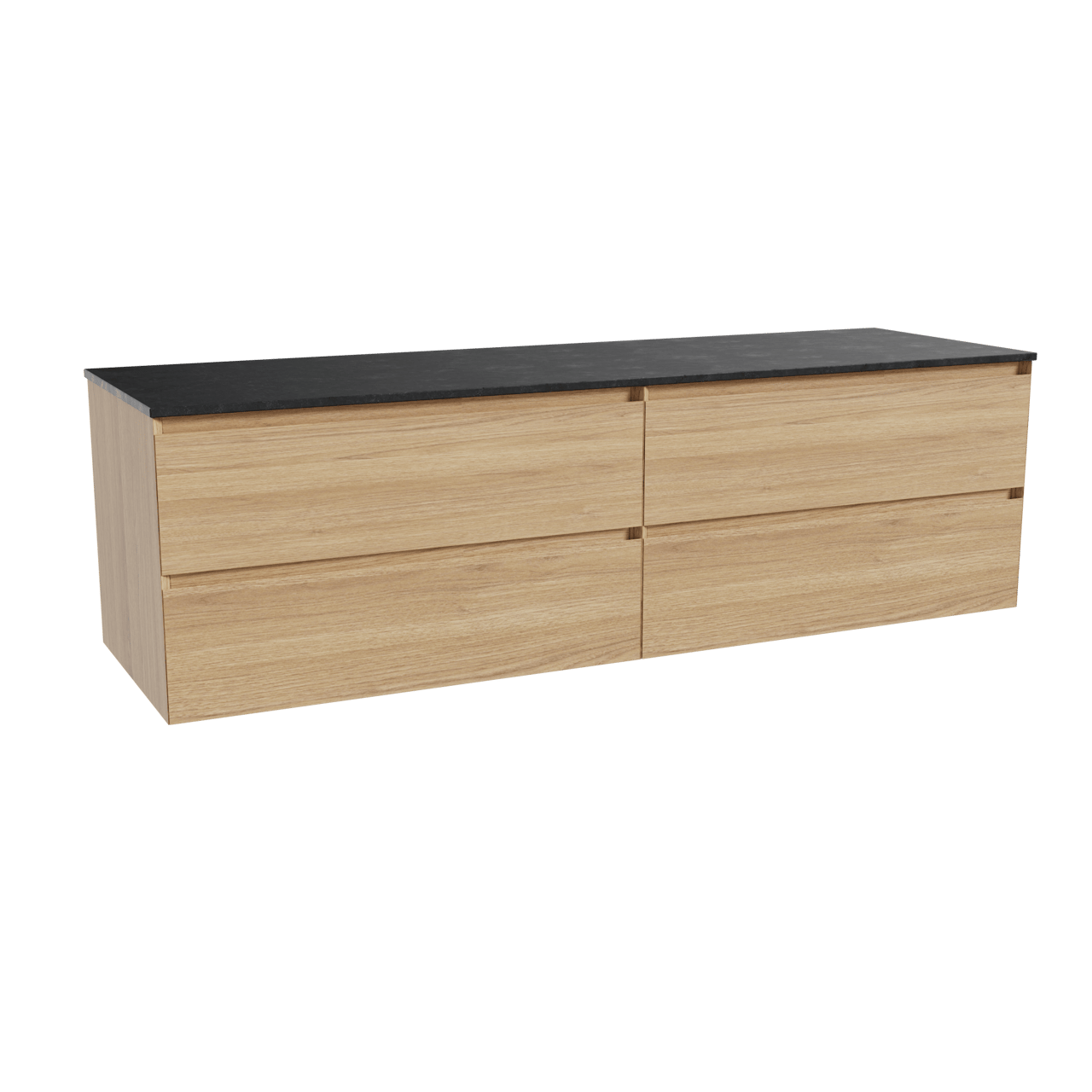 Balmani Mitra hängendes Möbelstück Set: 180 x 55 cm, Naturbelassene Eiche, mit Stretto Einzel- oder Doppel Waschtischplatte, Schwarzes Granit