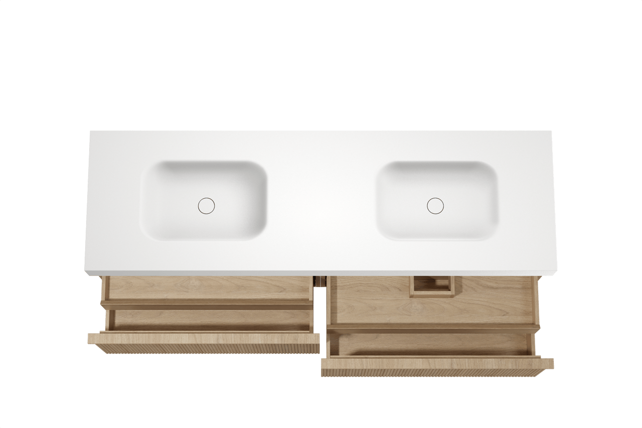 Balmani Forma meuble salle de bains suspendu 180 x 55 cm chêne naturel avec Arcato double vasque en solid surface blanc mat, Nervure droite symétrique verticale