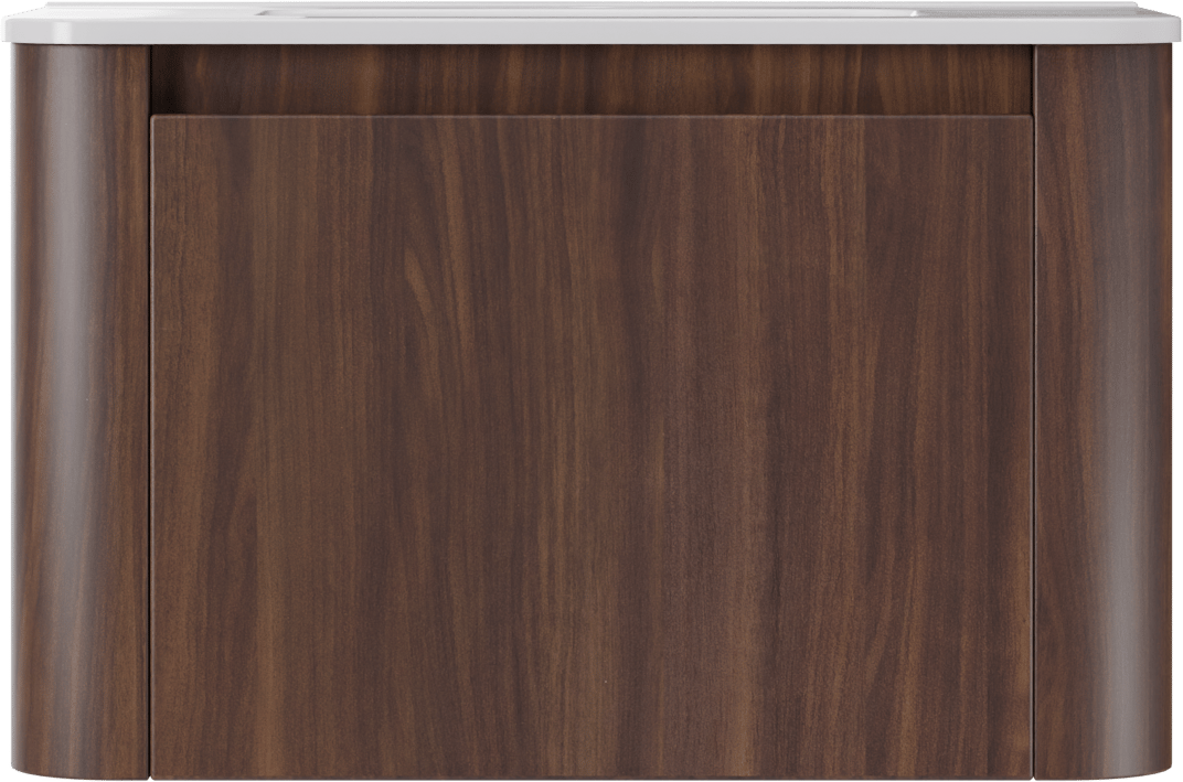 Storke Soft zwevend badmeubel 80 x 46 cm notenhout met Kera Soft enkele wastafel in porselein hoogglans wit