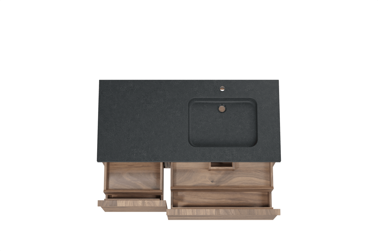 Balmani Forma hängendes Möbelstück Set: 120 x 55 cm, Amerikanischer Nussbaum, mit Napoli Waschtisch rechts, Granit, Schwarzes Granit, Horizontale symmetrische gerade Rippe