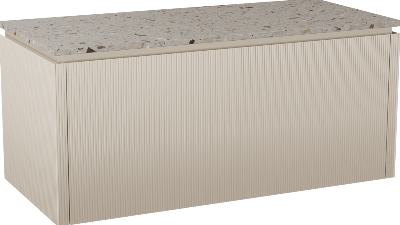 Balmani Eclips meuble salle de bains suspendu 120 x 55 cm Sandbeige avec Stretto tablette simple ou double vasque en Terrazzo greige, Nervure droite symétrique verticale