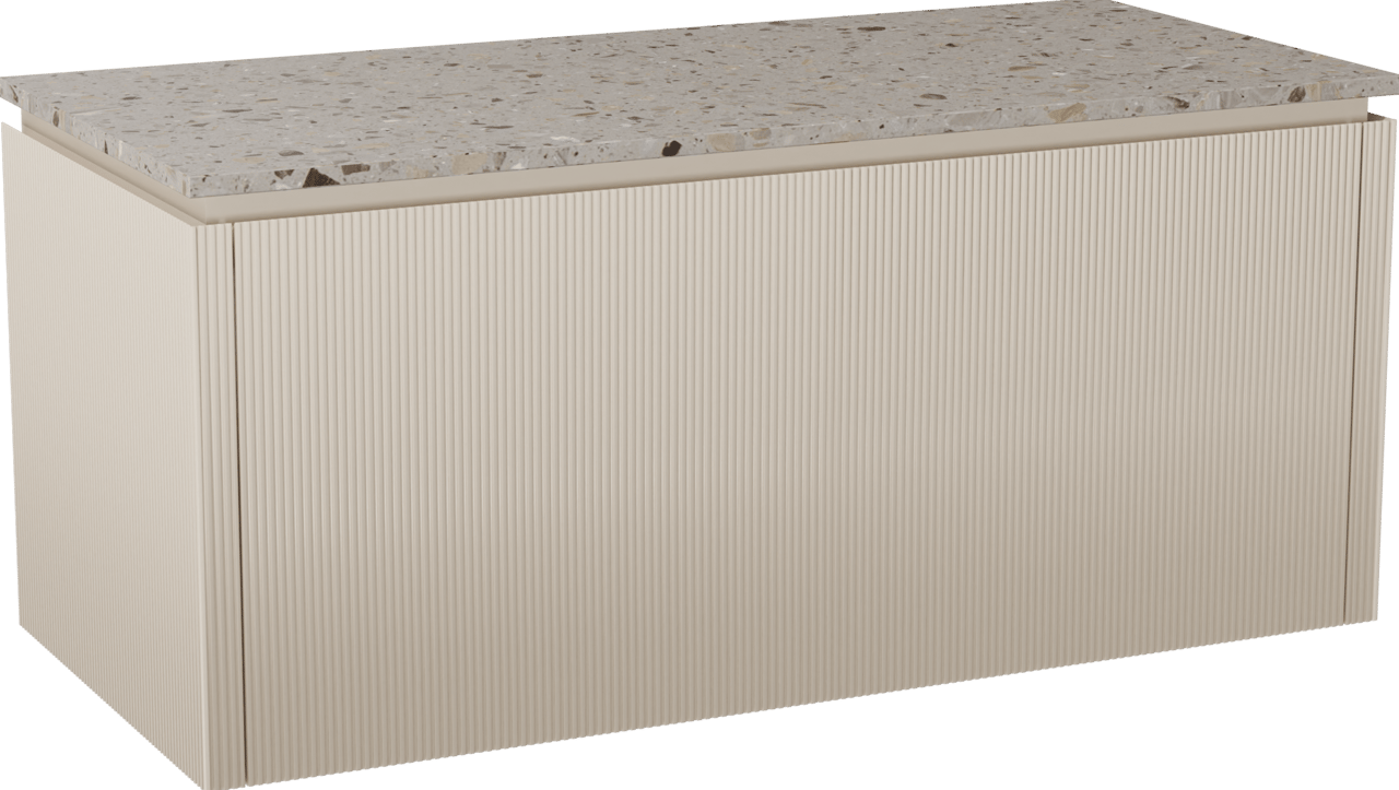 Balmani Eclips hängendes Möbelstück Set: 120 x 55 cm, Sandbeige, mit Stretto Einzel- oder Doppel Waschtischplatte Greige Terrazzo, Vertikale symmetrische gerade Rippe