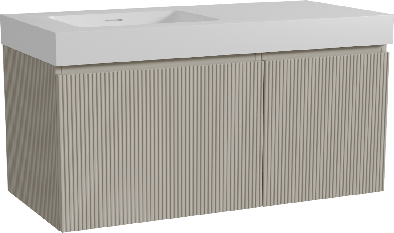 Storke Ribs hängendes Möbelstück Set: 110 x 52 cm, Seidengrau, mit Mata High Waschtisch links, Solid Surface, Weiß matt, Vertikale symmetrische gerade Rippe