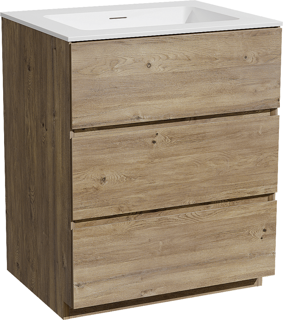 Storke Edge freistehendes Möbelstück Set: 65 x 52 cm, Rohe Eiche, mit Mata Einzelwaschtisch, Solid Surface Weiß matt