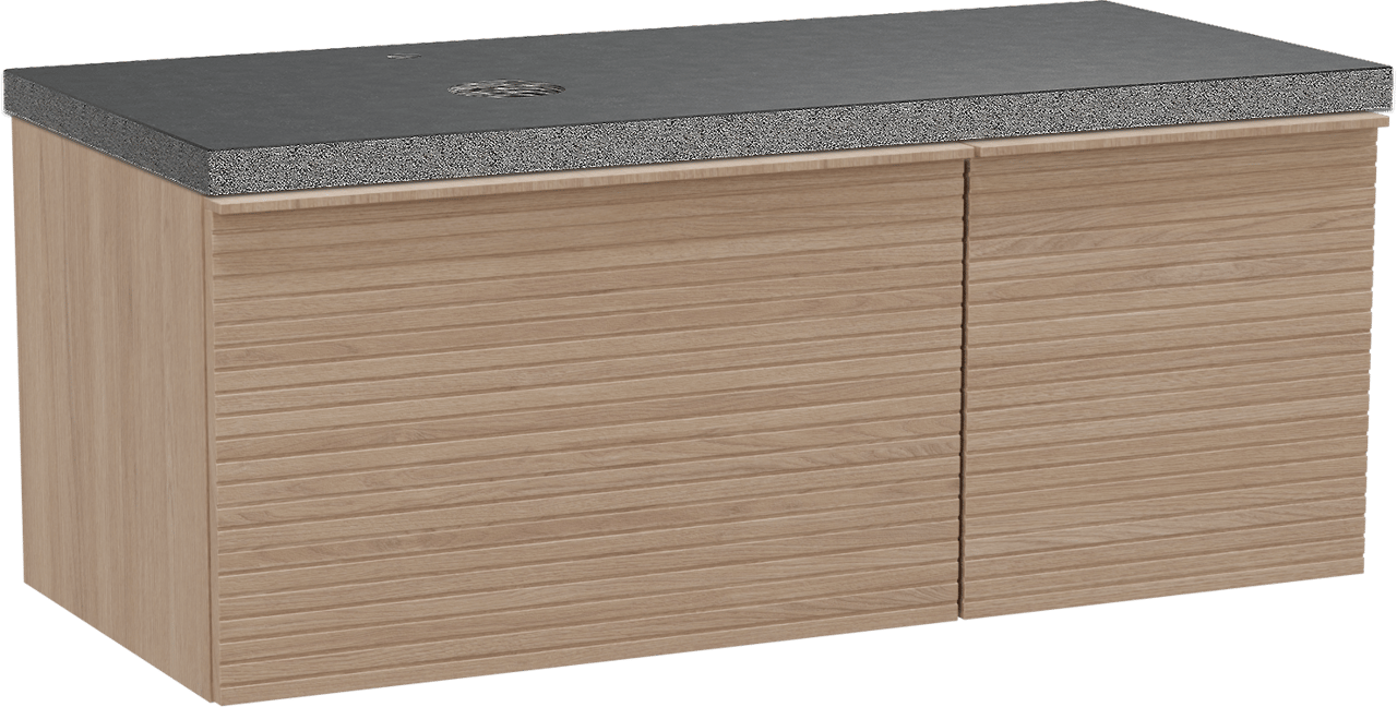 Balmani Forma hängendes Möbelstück Set: 120 x 55 cm, Naturbelassene Eiche, mit Rock Waschtisch links, Granit, Schwarzes Granit, Horizontale symmetrische gerade Rippe