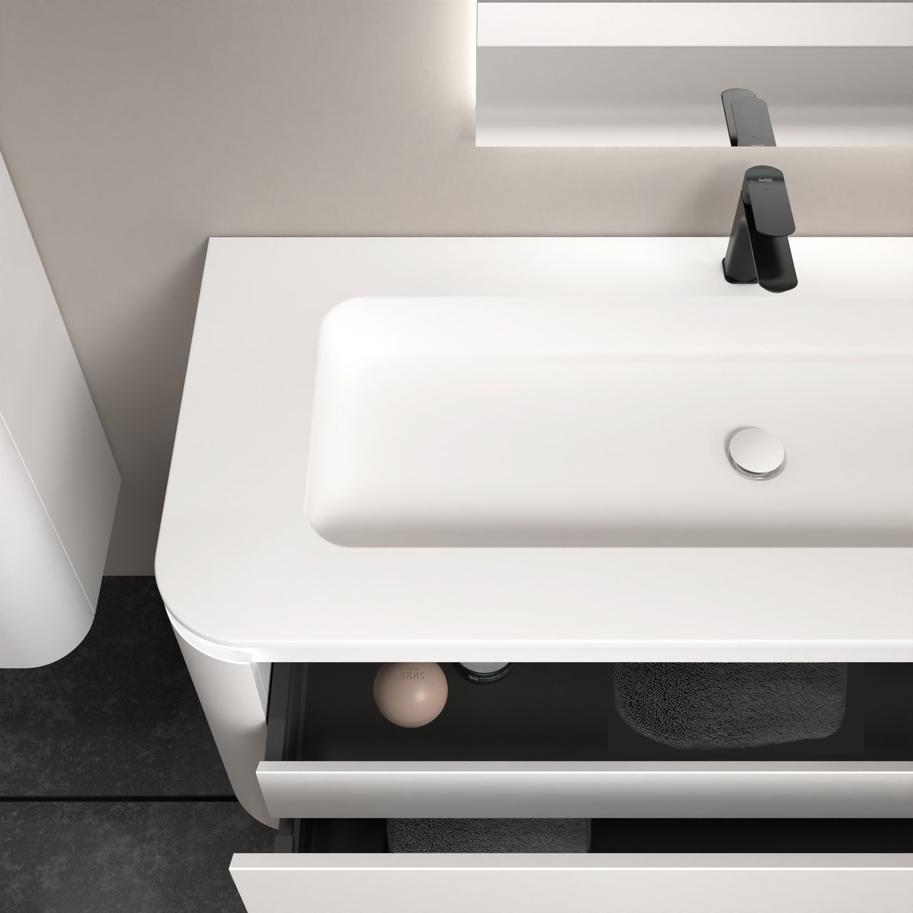 Balmani Moon zwevend badkamermeubel 130 x 55 cm zijdegrijs met Moon enkel of dubbel tablet in solid surface mat wit
