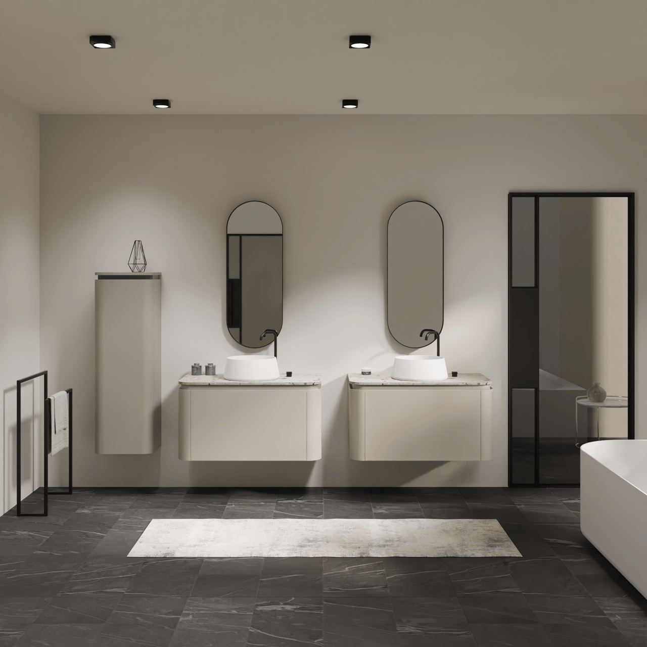 Balmani Moon hängendes Möbelstück Set: 100 x 55 cm, Seidengrau, mit Moon Einzel Waschtischplatte, Terrazzo in Greige