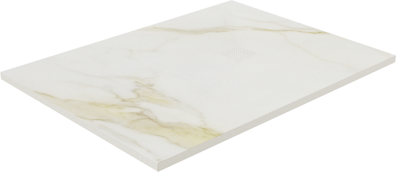 Balmani Impress Duschwanne: 120 x 90 cm, Marmorkomposit, Weiße Marmoroptik mit Steinstruktur