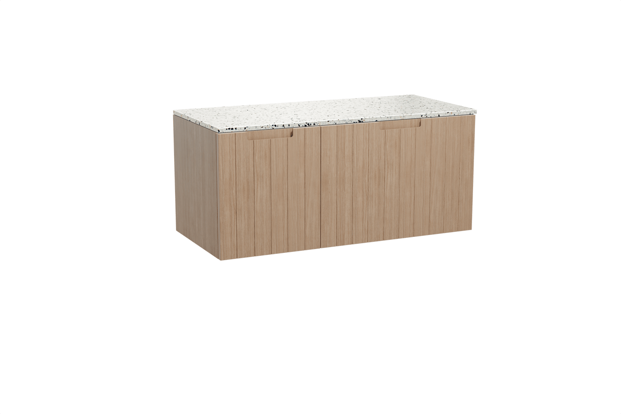 Balmani Adagio meuble salle de bains suspendu 120 x 55 cm chêne vieilli avec Stretto tablette simple ou double en blanc/noir mat terrazzo