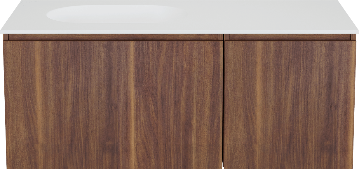 Balmani Sfera hängendes Möbelstück Set: 120 x 55 cm, Amerikanischer Nussbaum, mit Tablo Oval Waschtisch links, Solid Surface Weiß matt