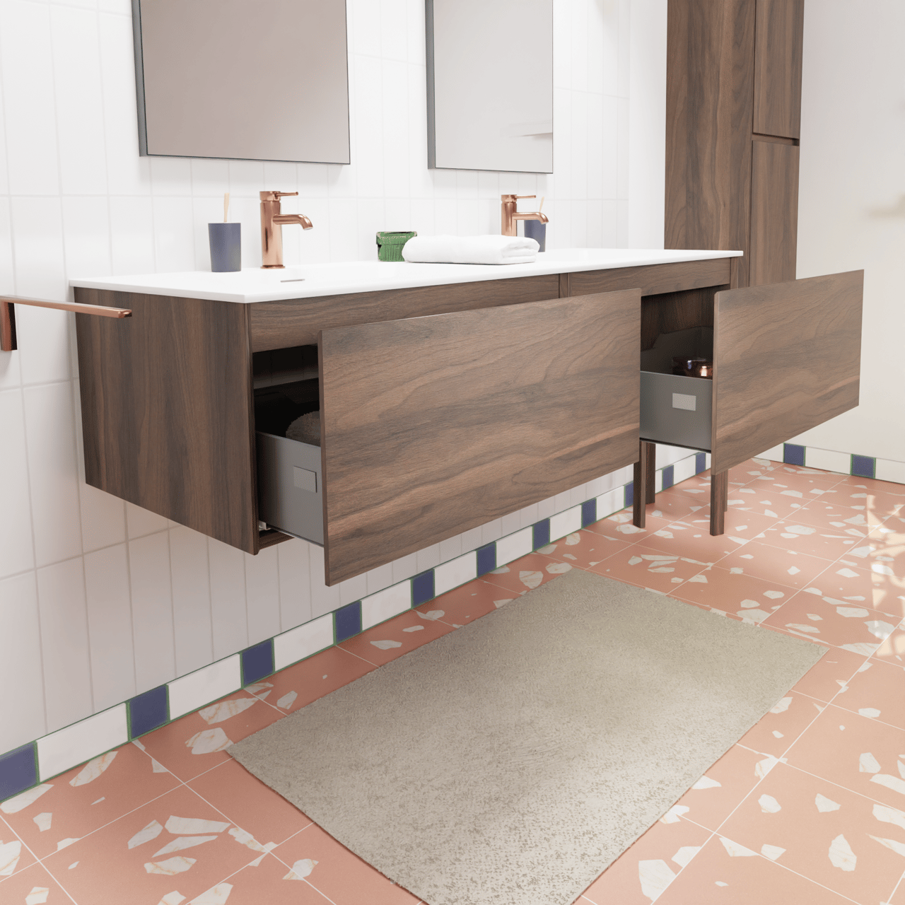 Storke Edge zwevend badmeubel 150 x 52 cm notenhout met Mata dubbele wastafel in solid surface mat wit