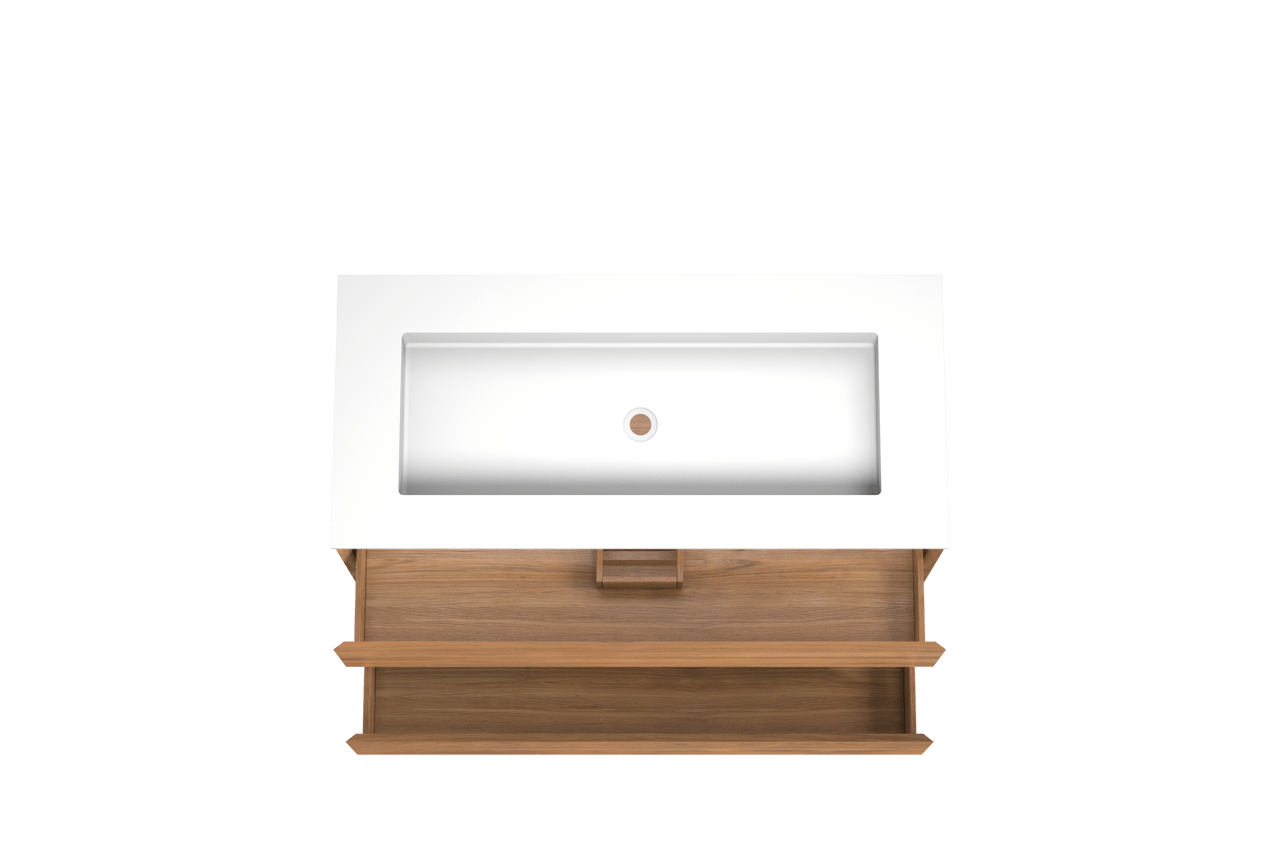 Balmani Mitra zwevend badkamermeubel 120 x 55 cm teak met Tablo Stretto enkele wastafel voor 2 kraangaten in solid surface mat wit