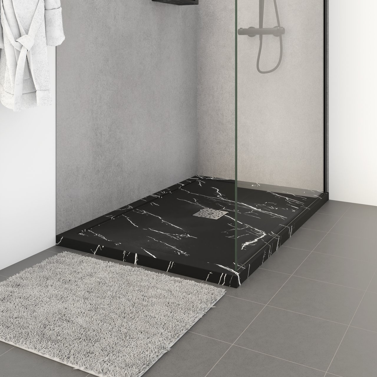 Linie Lido douchebak 120 x 80 cm composietmarmer zwarte marmerlook leisteenstructuur