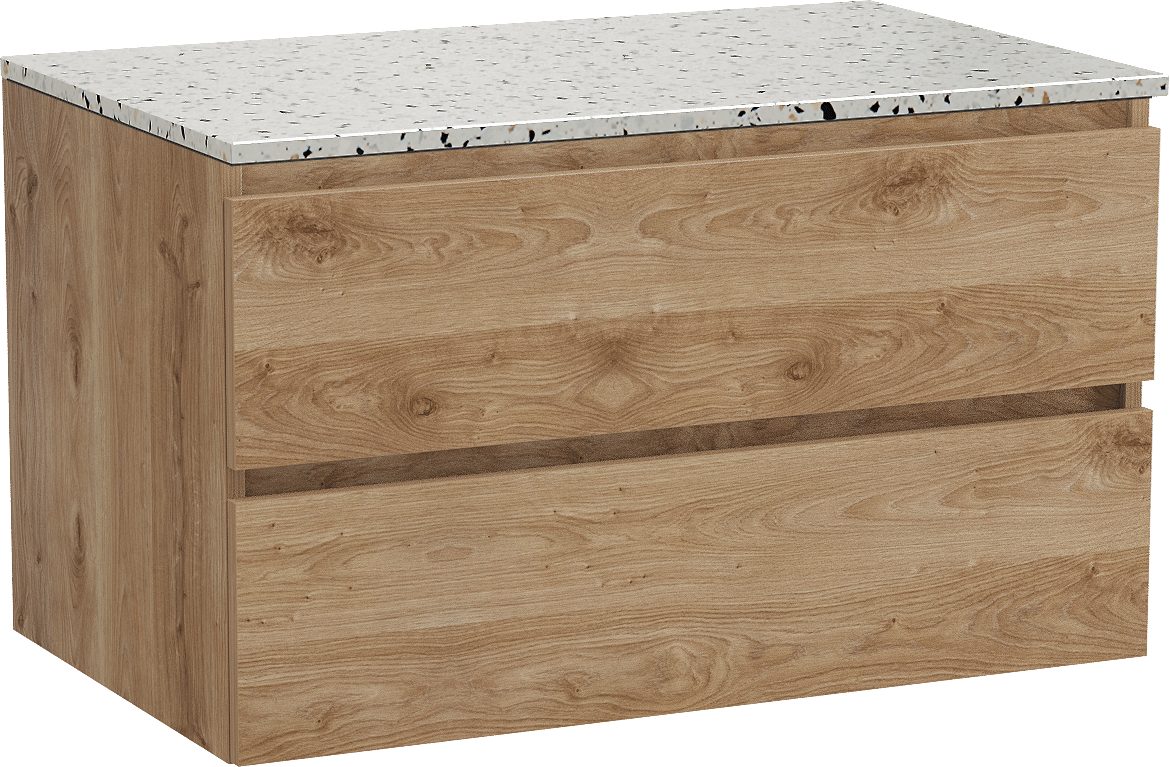 Balmani Lucida meuble salle de bains suspendu 90 x 55 cm chêne brut avec Stretto tablette simple en blanc/noir mat terrazzo