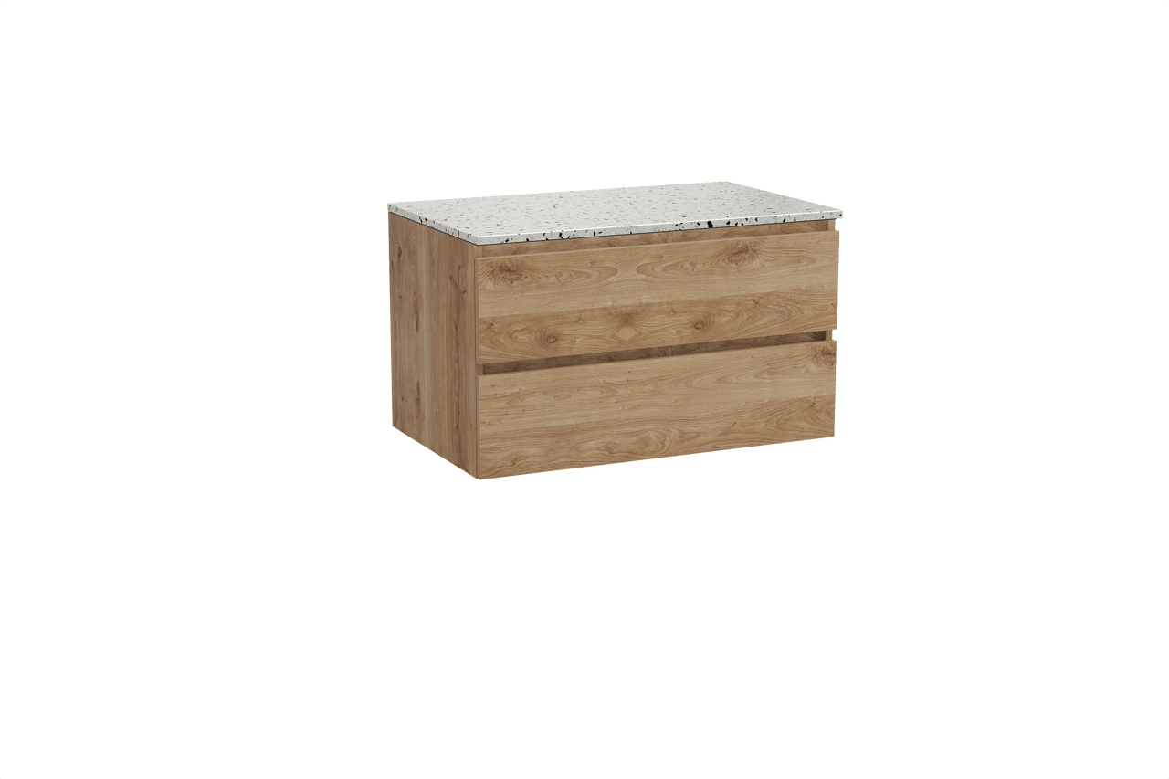 Balmani Lucida meuble salle de bains suspendu 90 x 55 cm chêne brut avec Stretto tablette simple en blanc/noir mat terrazzo