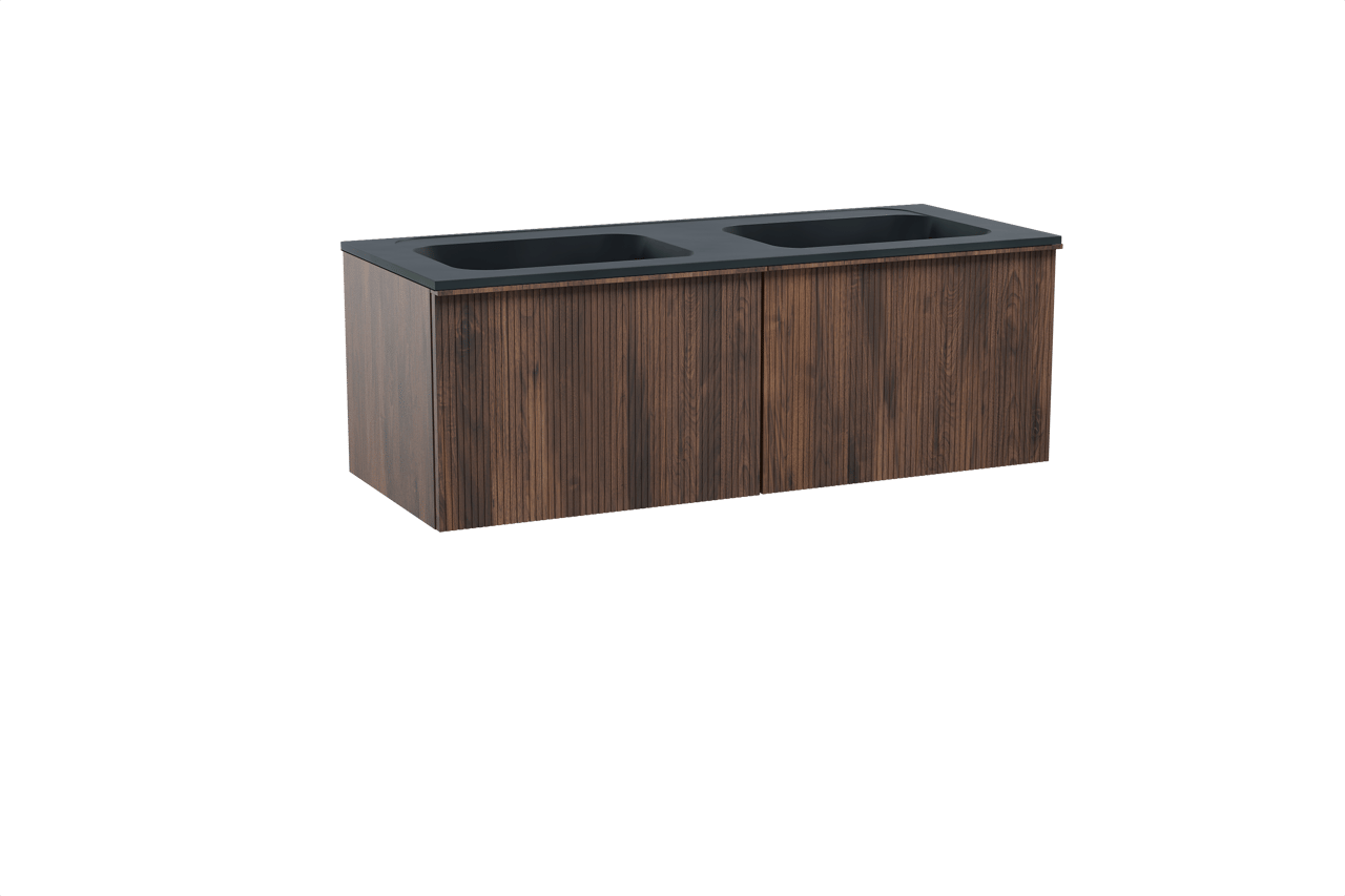 Balmani Forma hängendes Möbelstück Set: 135 x 55 cm, Amerikanischer Nussbaum, mit Tablo Strada Doppelwaschtisch, Marmorkomposit, Schwarz matt, Vertikale symmetrische gerade Rippe