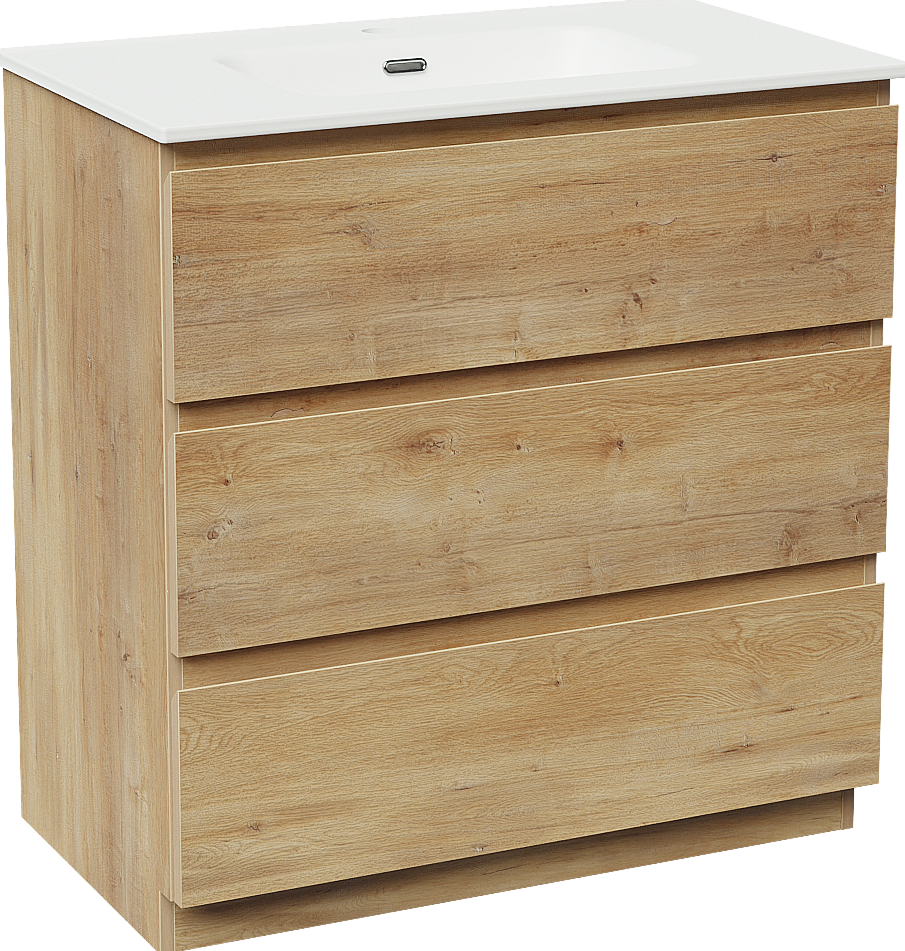 Linie Lado freistehendes Möbelstück Set: 80 x 46 cm, Naturbelassene Eiche, mit Baro Einzelwaschtisch, Porzellan Weiß matt