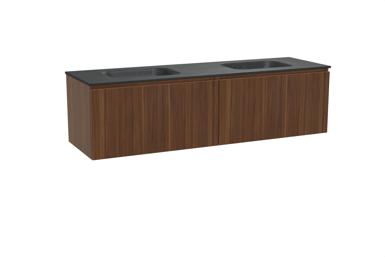 Balmani Sfera hängendes Möbelstück Set: 180 x 55 cm, Amerikanischer Nussbaum, mit Tablo Arcato Doppelwaschtisch, Schwarzes Granit