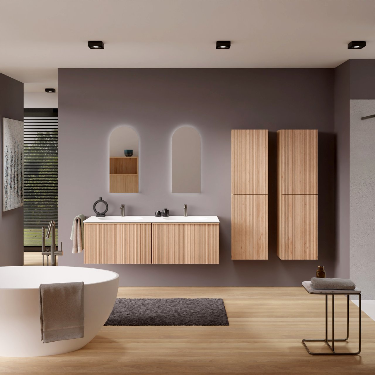 Balmani Forma zwevend badmeubel 150 x 55 cm naturel eiken met Tablo Oval dubbele wastafel in solid surface mat wit, Verticale asymmetrische ronde ribbel