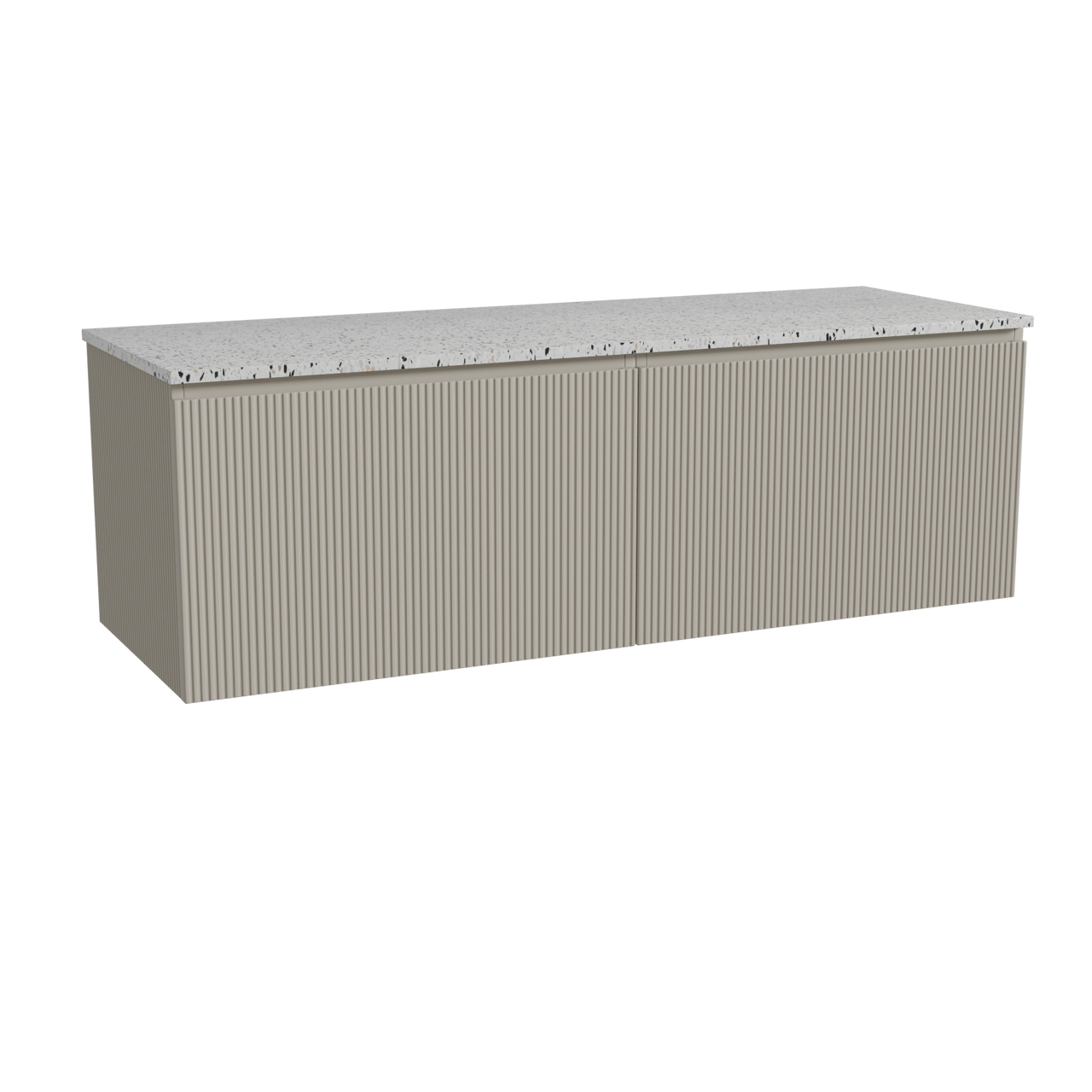 Storke Ribs zwevend badmeubel 150 x 52 cm zijdegrijs met Tavola enkel of dubbel wastafelblad in mat wit/zwart terrazzo, Verticale symmetrische rechte ribbel
