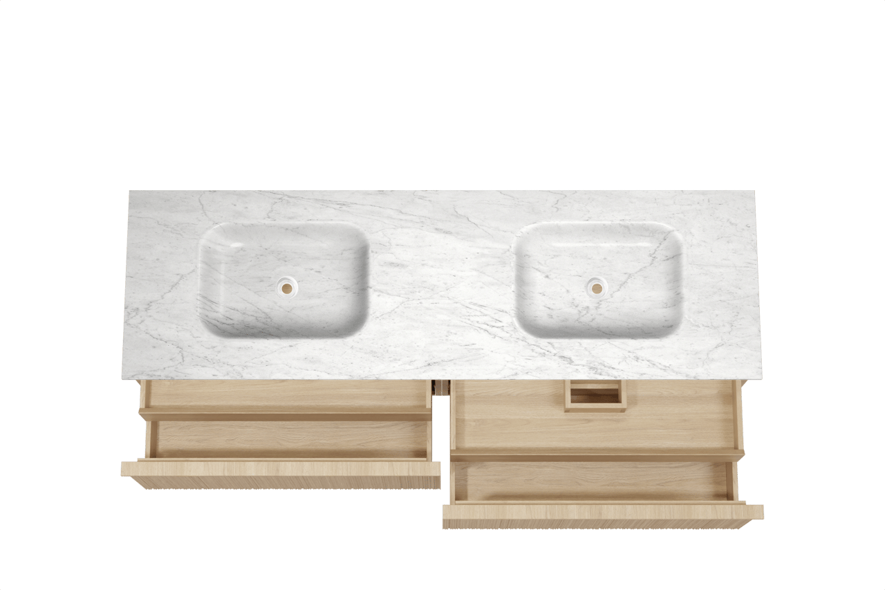 Balmani Forma hängendes Möbelstück Set: 180 x 55 cm, Naturbelassene Eiche, mit Tablo Arcato Doppelwaschtisch, Marmor, Carrara, Vertikale asymmetrische Runde Rippe