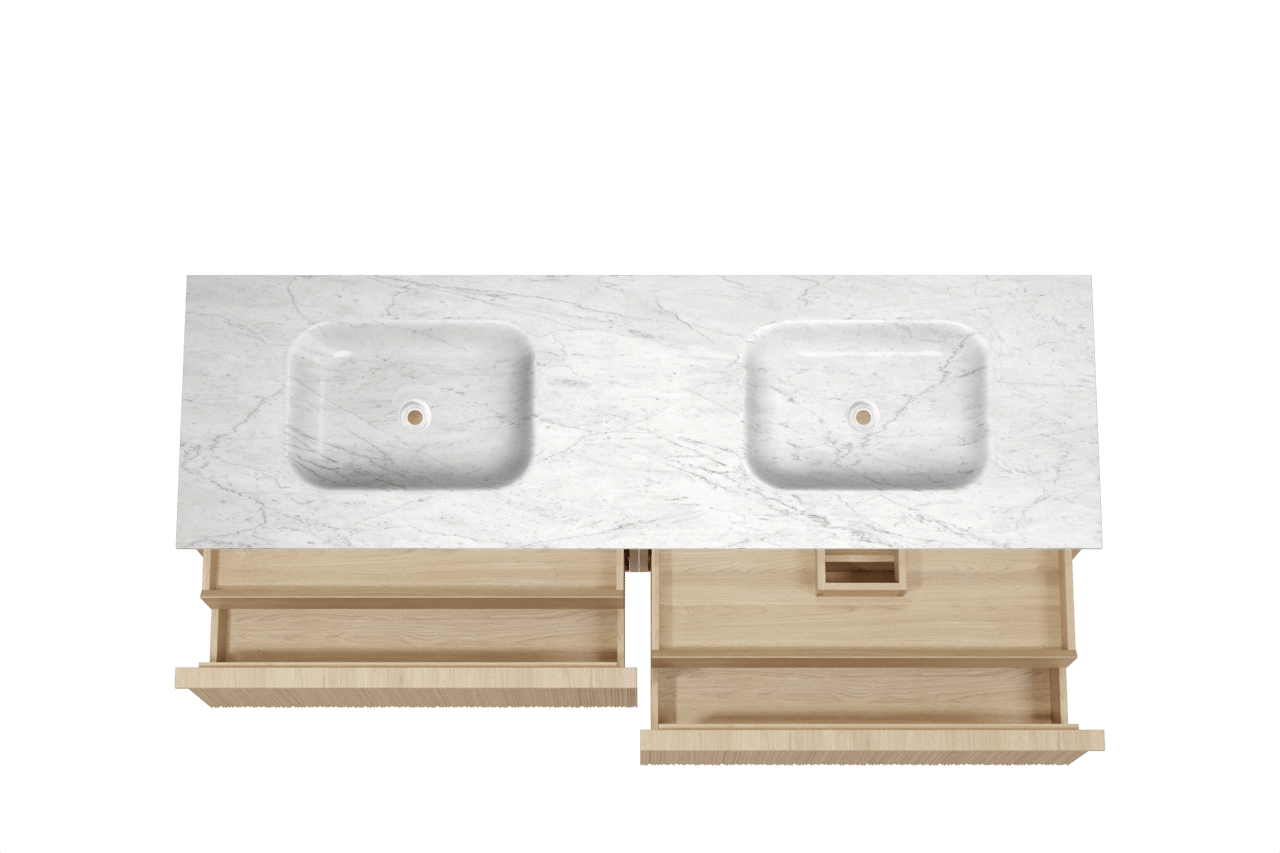 Balmani Forma zwevend badkamermeubel 180 x 55 cm natuur eik met Tablo Arcato dubbele wastafel in marmer carrara, Verticale asymmetrische ronde ribbel