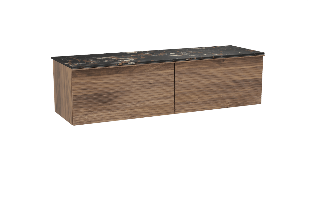 Balmani Forma zwevend badkamermeubel 180 x 55 cm amerikaanse notelaar met Stretto enkel of dubbel tablet in marmer portoro gold, Horizontale symmetrische rechte ribbel