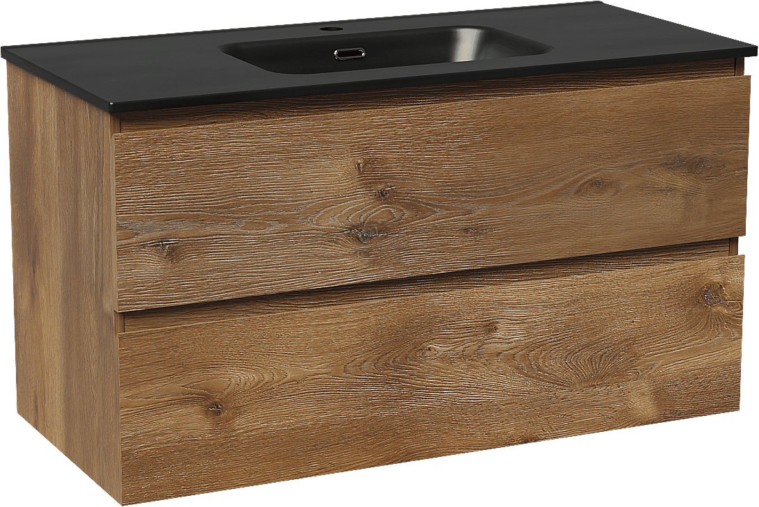 Linie Lado meuble salle de bains suspendu 100 x 46 cm chêne brun avec Baro plan simple en porcelaine noir mat